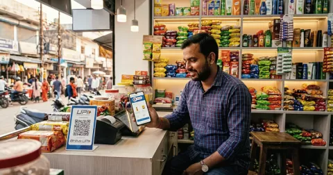 Indian shop owner with a UPI QR code at the counter checking his business website on a smartphone