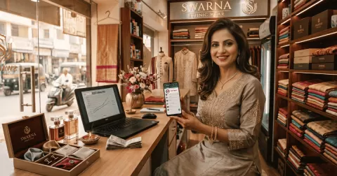 Indian small business owner reviewing WhatsApp Business costs on a phone and laptop