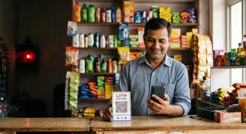 Indian shop owner accepting a UPI payment on a smartphone at a small store counter