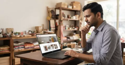 Indian small business owner reviewing an AI-built website on a laptop at their shop desk