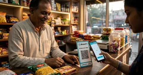  Indian shopkeeper accepting a UPI QR payment at a small store counter
