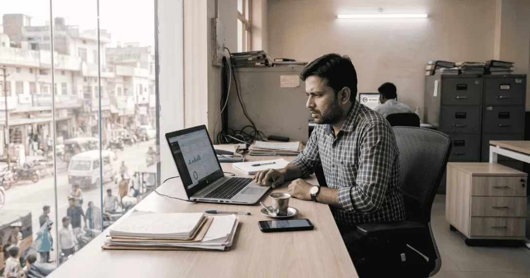 Indian small business owner checking his WordPress website security on a laptop