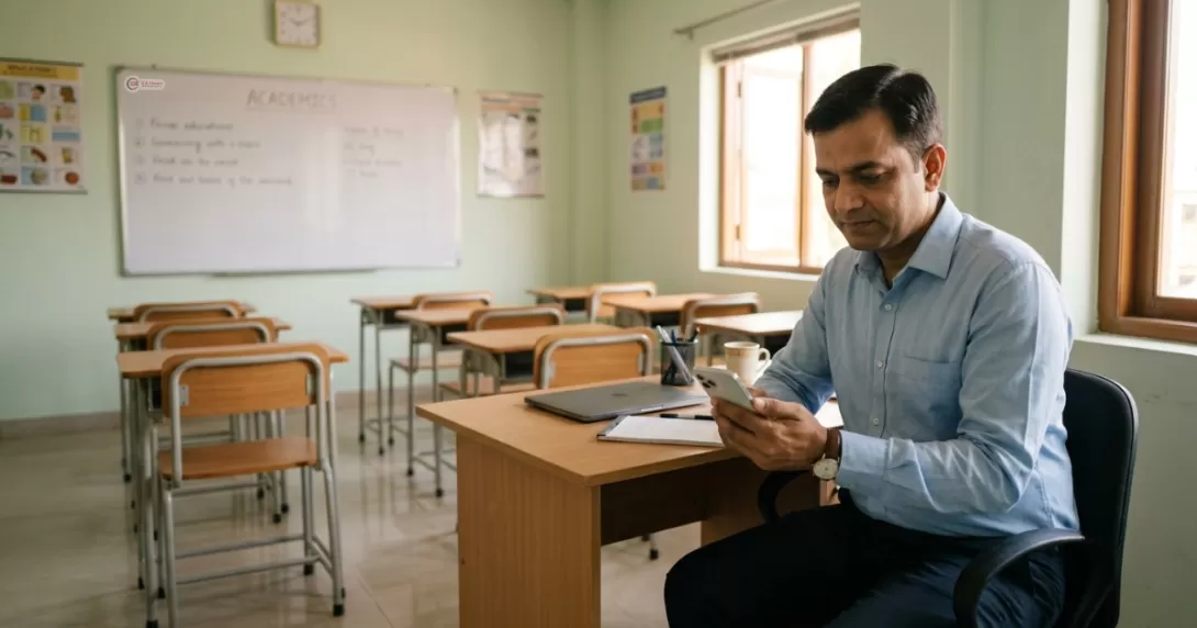 Indian coaching centre owner replying to an admission enquiry on WhatsApp on a smartphone.