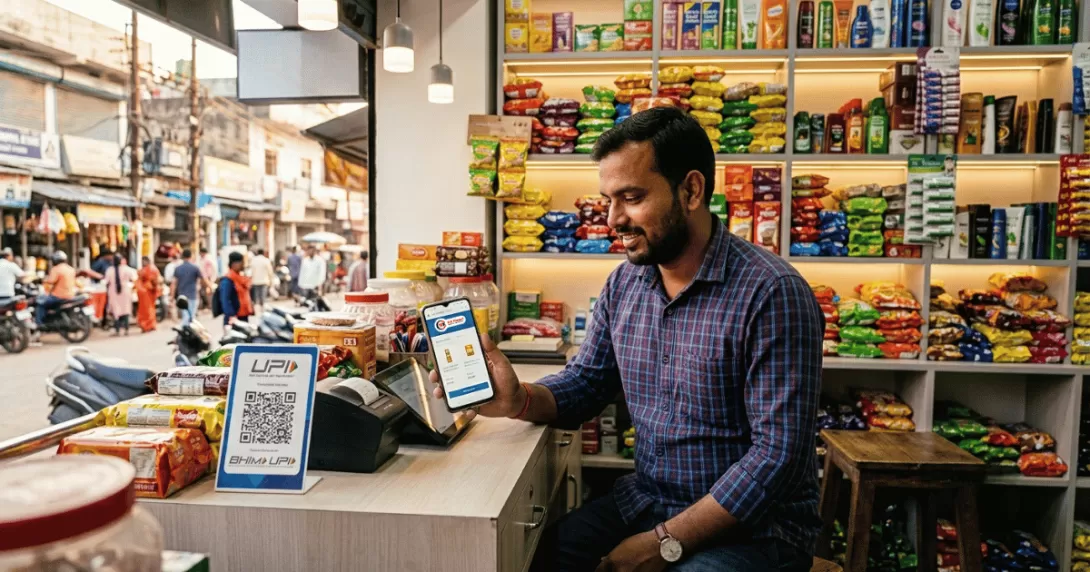 Indian shop owner with a UPI QR code at the counter checking his business website on a smartphone
