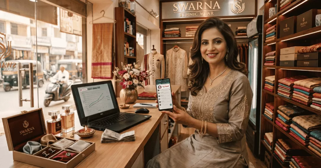 Indian small business owner reviewing WhatsApp Business costs on a phone and laptop