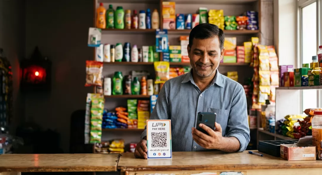 Indian shop owner accepting a UPI payment on a smartphone at a small store counter