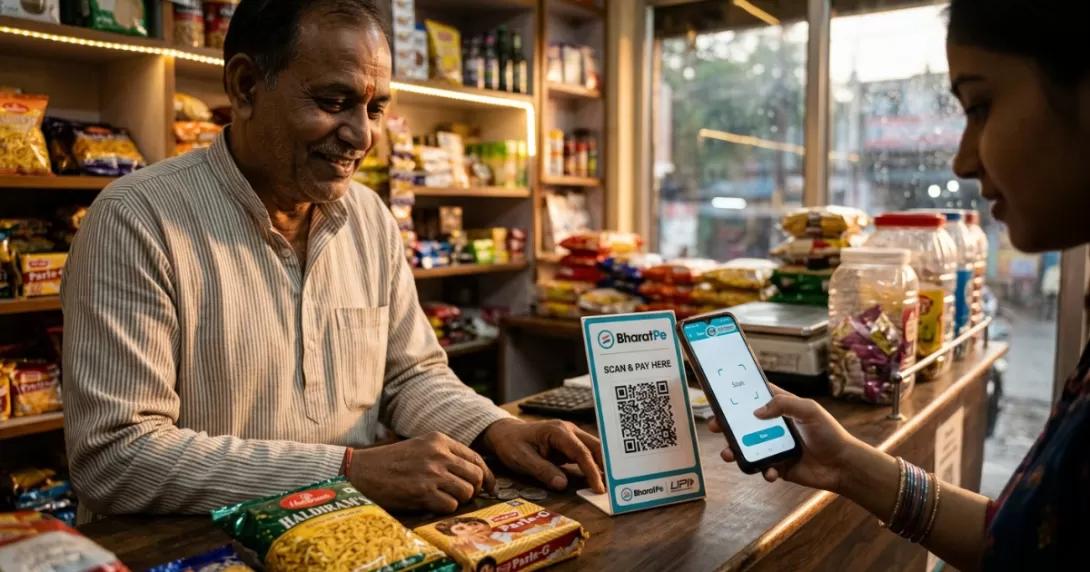  Indian shopkeeper accepting a UPI QR payment at a small store counter